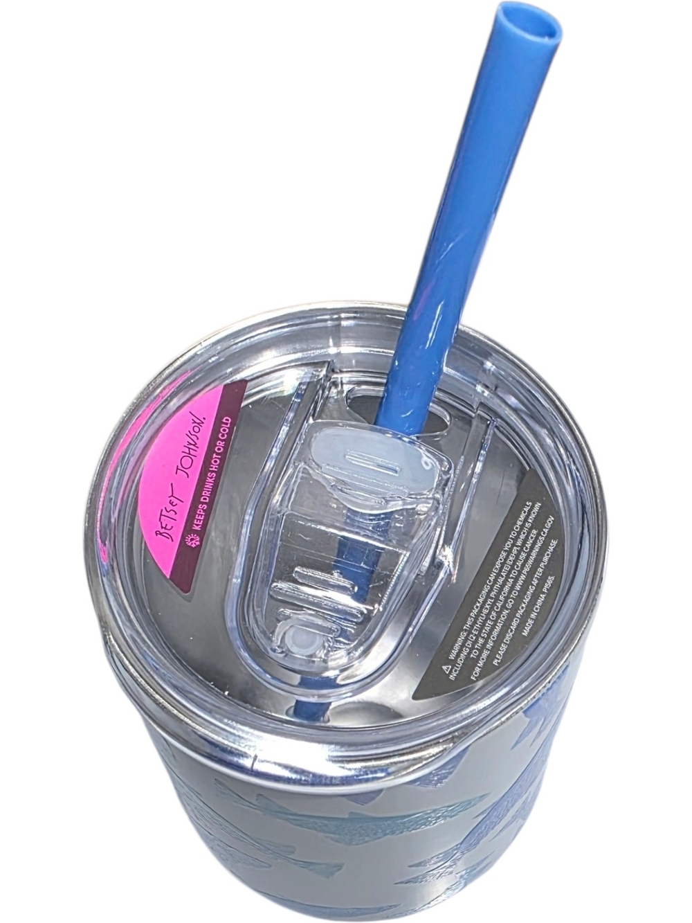 Betsey Johnson 16oz Insulated Wine Tumbler With Straw Fish Print Blue White NWT - Picture 3 of 3